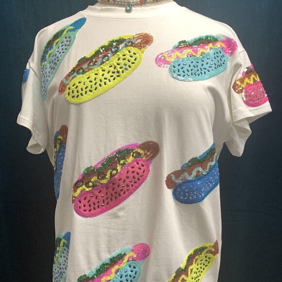 NWT Queen Of Sparkles White Scattered Multi Color Hot Dog Tee - Picture 3 of 7